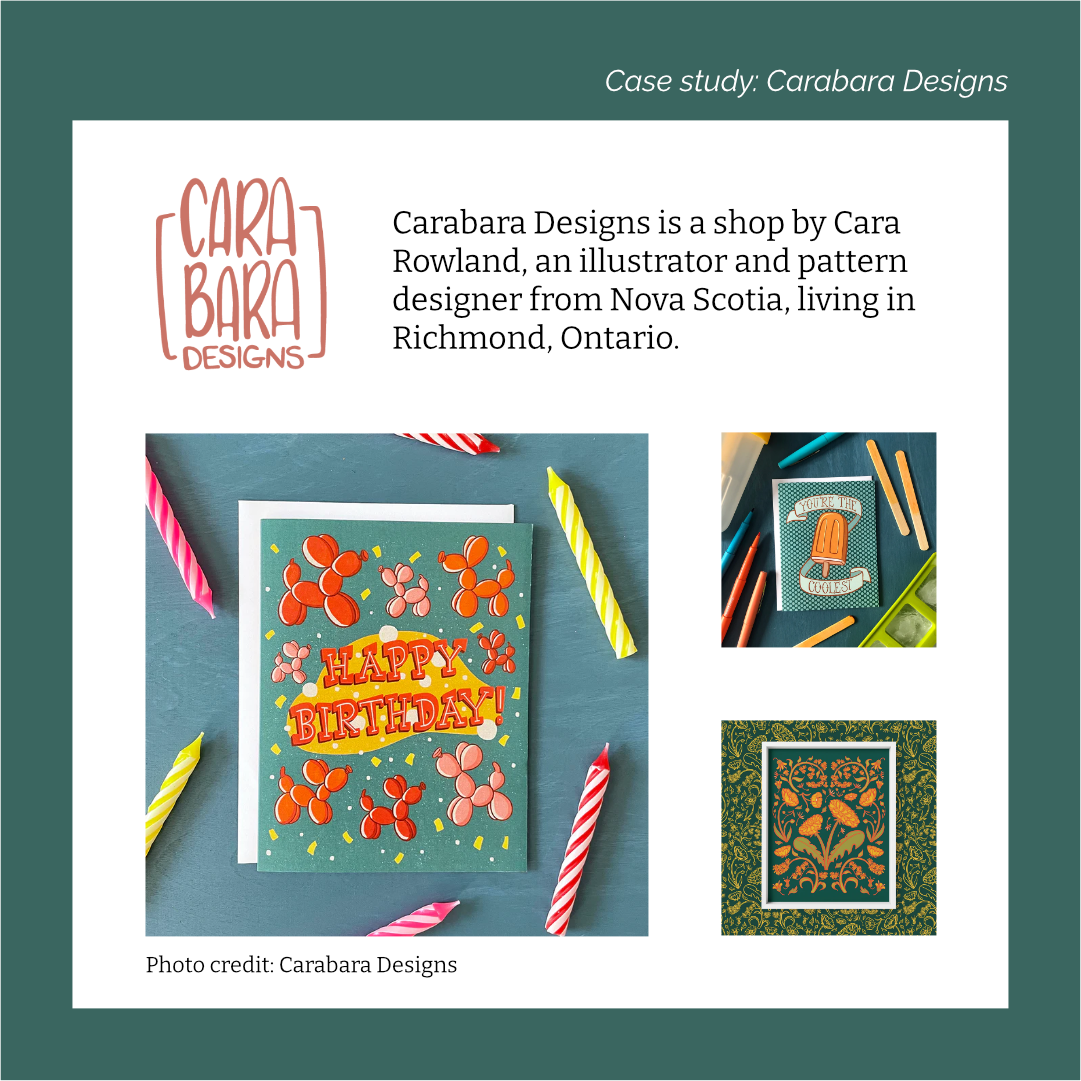 Carabara logo, with text that reads 'Carabara Designs is a shop by Cara Rowland, an illustrator and pattern designer from Nova Scotia, living in Richmond, Ontario.'. Below are several greeting cards, and an art print.