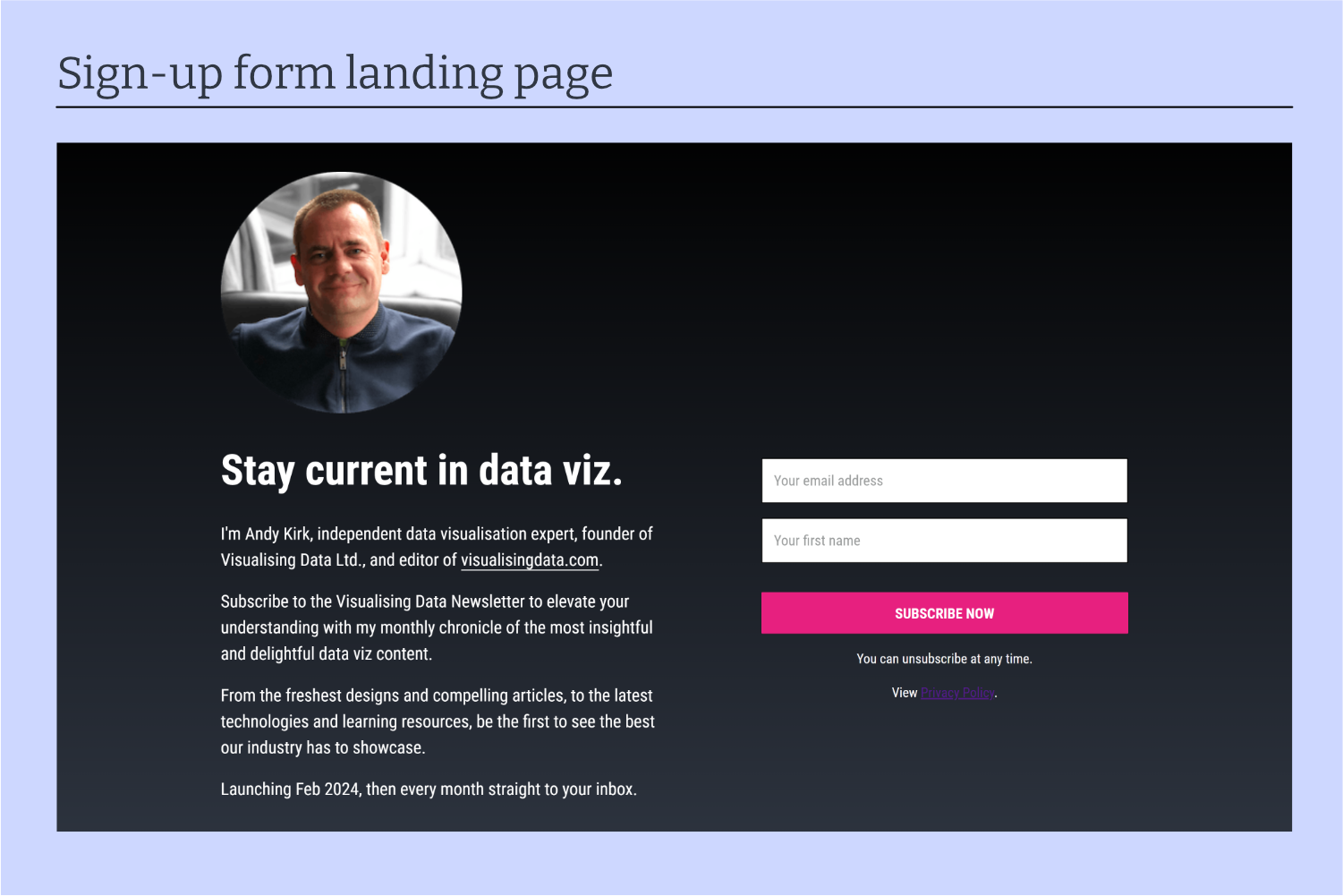 visualising data sign-up form landing page